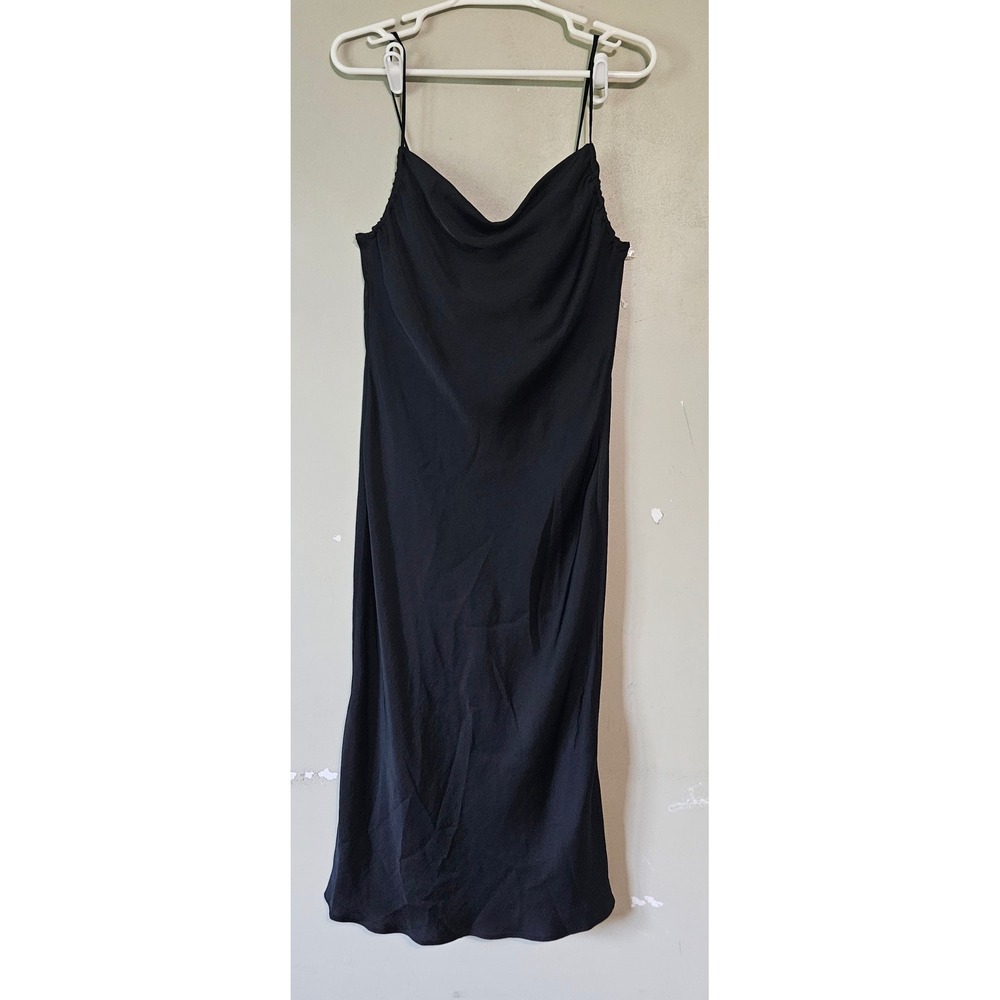 Zara Black Satin Cowl Neck Midi Slip Dress Spaghetti Strap Minimalist Small